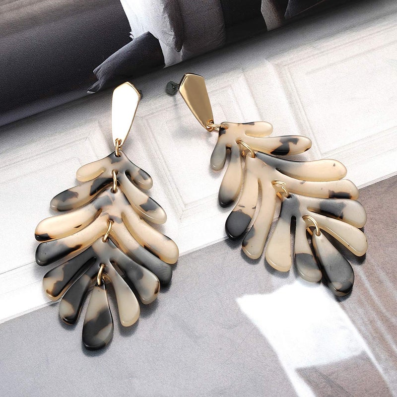 ARATLENCH Acrylic Pendant necklace Earrings â€“ Long Statement Leaf Charm Necklace Tortoise Resin Palm Leaf Earrings Fashion Necklaces Earrings for Women(Leopard-earrings) - Image 5